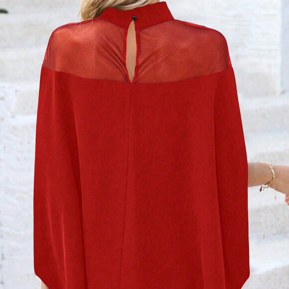 Red Casual Women's Stand Collar Mesh Hollow Blouse - Picture 3 of 7